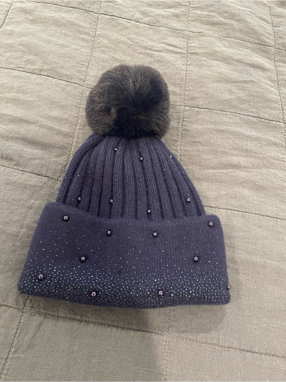 Women's Navy Beaded Pom Pom Knit Hat